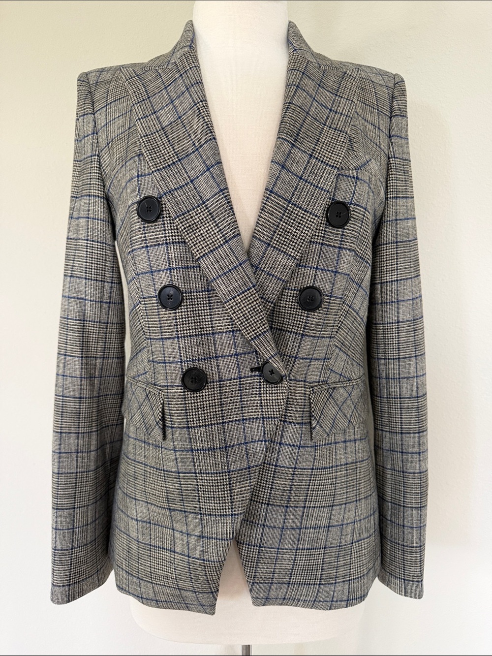 Veronica Beard Double-Breasted Plaid Blazer in Gray and Blue